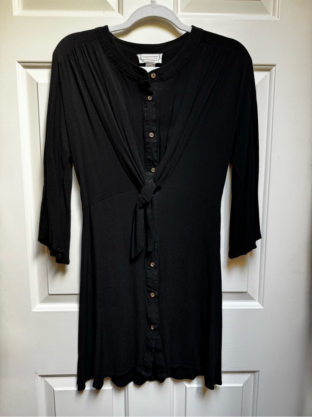 LOVE RICHE Flutter Sleeve Tie Up Full Button Down Mini Dress Rayon 3/4 Black Med